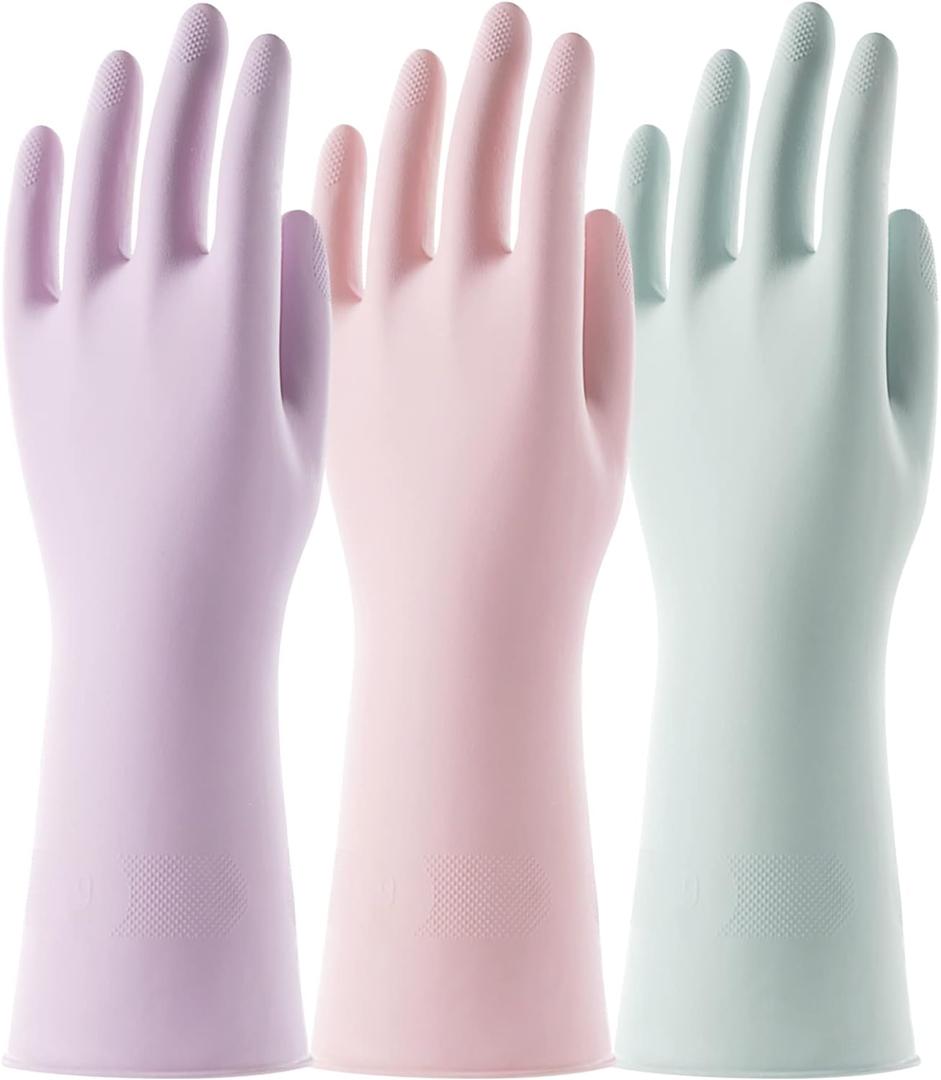 COOLJOB 3 Pairs Colorful Household Gloves with Cotton Liner & Non-slip Grip, Water Resistant Reusable Dish Washing Rubber Gloves for Kitchen & Bathroom Cleaning, Medium (Assorted Colors)
