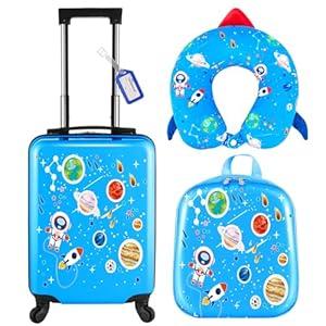 Sanwuta 4 Pcs Kids Luggage Set Kids Backpack Travel Rolling Suitcase with Wheels U-shape Pillow Childrens Gift for Girls Boys(17 Inch, Astronaut Style, Blue)