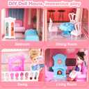 Dream Doll House for Girls with Lights, Mat, Dolls & Furniture - Imaginative Dollhouse Playset DIY Pretend Play Toy Gift for Kids Ages 3-8