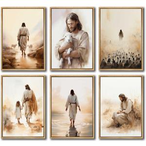 6Pcs Jesus Christian Canvas Wall Art Jesus Embraces the Lamb Jesus Walking On Water Wall Decor Pictures God Jesus Girl Prints Posters for Hallway Church Living Room Bedroom Decoration