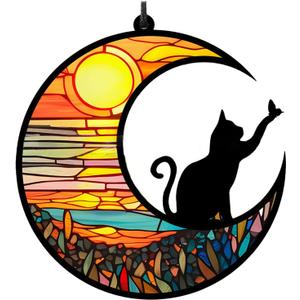 Black Cat on Moon Stained Acrylic Window Hanging, Handcrafted Rainbow Suncatchers for Wall Kitchen Living Room Office, Suncatcher Decoration Gifts for Cat Lover Women Christmas, 6.4 inch