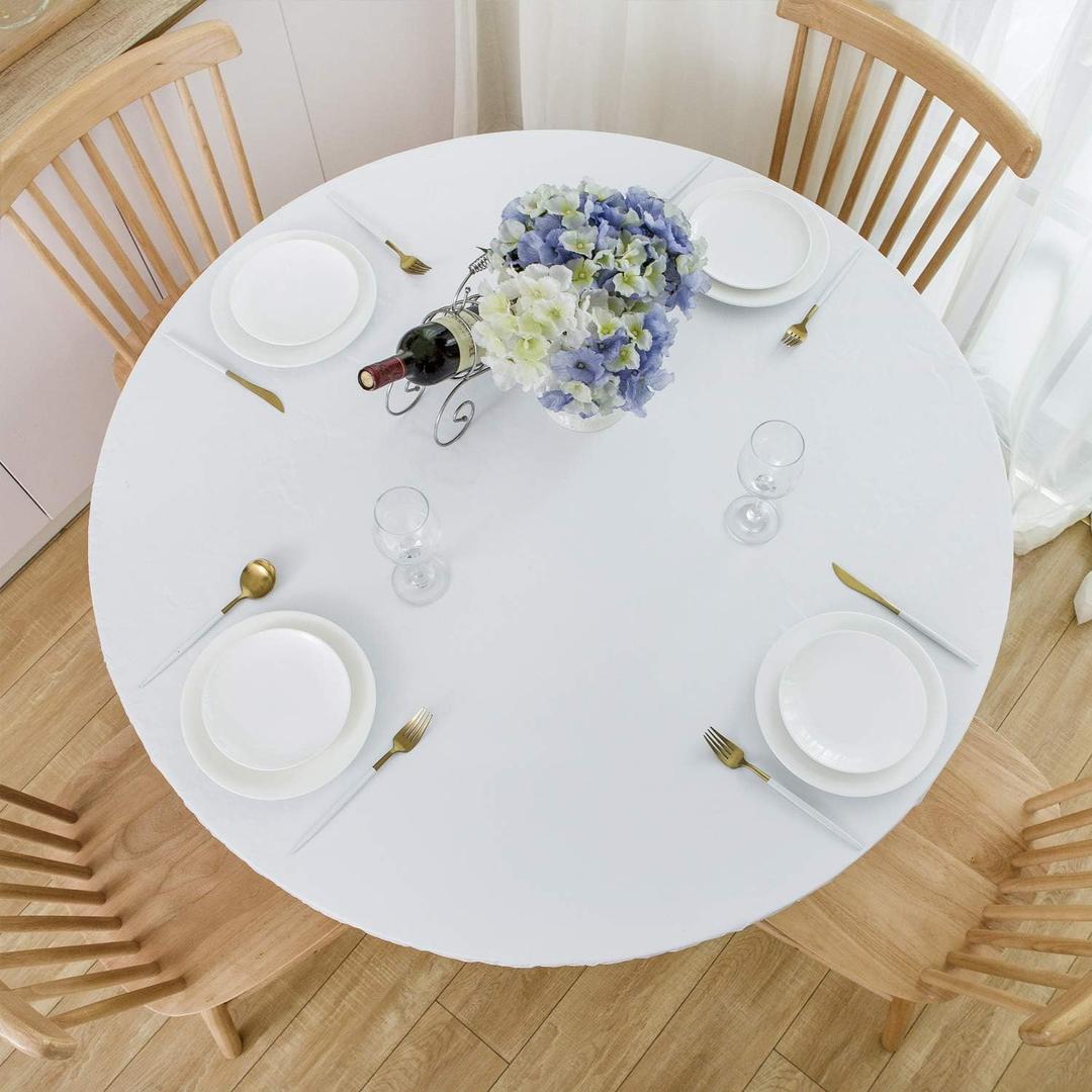 NLMUVW White Round Vinyl Tablecloth with Flannel Backing Elastic Edge, 100% Waterproof Oil Proof Fitted PVC Table Cloth Wipe Clean Table Cover for Kitchen Outdoor, 40"- 44"