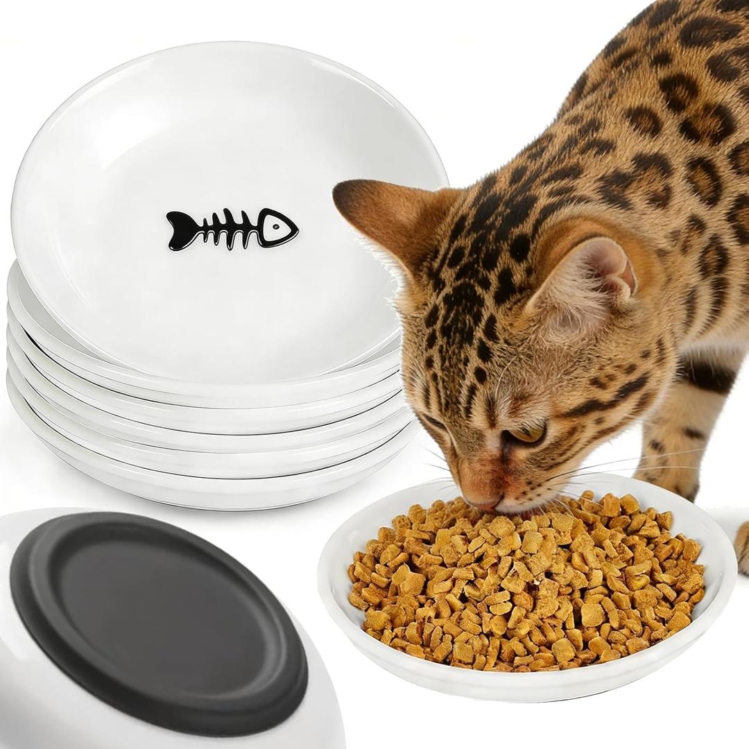 Non-Slip Cat Food Bowls - 6 Pack Whisker Fatigue Ceramic Cats Dishes Set for Indoor Cats, Shallow Wide Kitten Plates for Wet Food and Water, Microwave & Dishwasher Safe