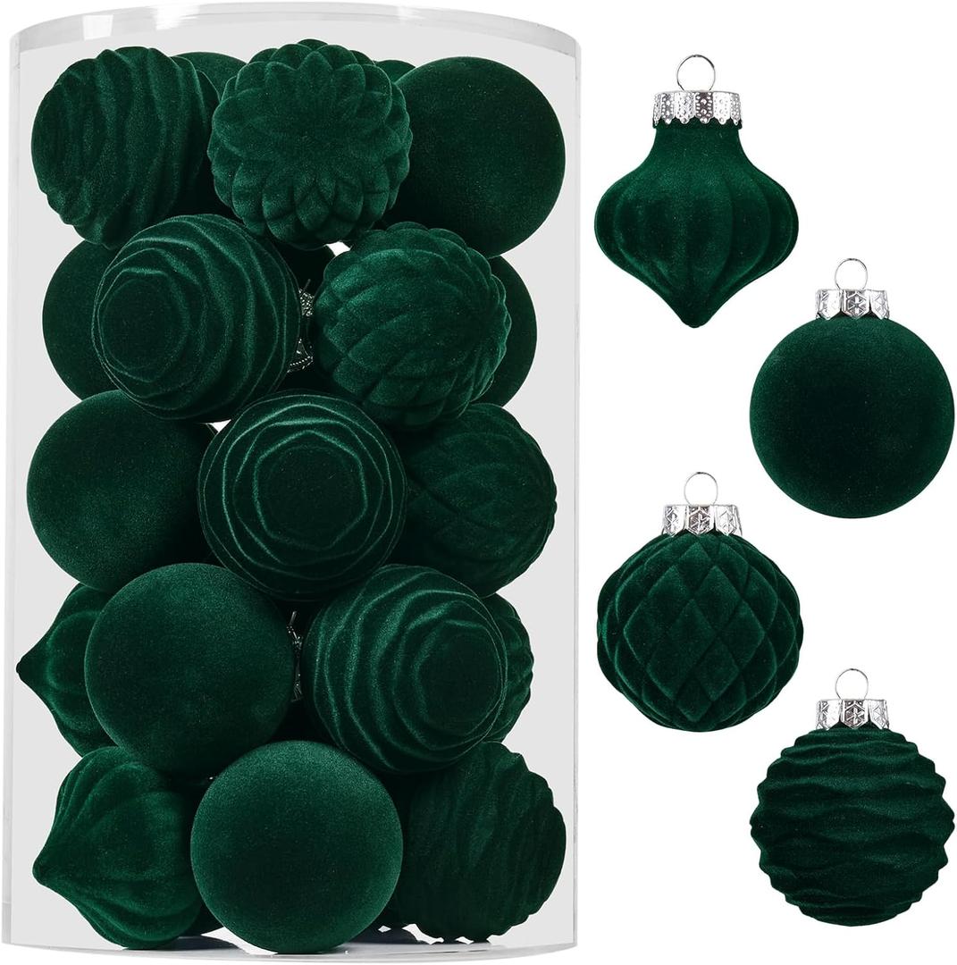 Wironlst Velvet Ornaments for Christmas Tree, 4 Style Flocked Matte Velvet Christmas Ball Ornaments, Shatterproof Decor for Xmas Tree Wedding Holiday Party Home(2.36" 25pcs Green)