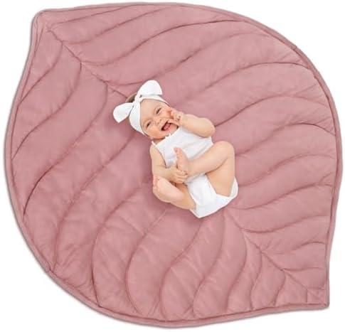 Funtery Baby Play Mat 56 x 42 Inch Cotton Crawling Cushion Cotton Nursery Rug Large Thick Soft Reversible Washable Folding Floor Playpen Mat Nursery Decor Rug for Girls Boys (Pink, Leaf)