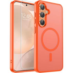 SUPFINE Magnetic for Samsung Galaxy S24 Plus Case / S25 Plus Case with Screen Protector, (Built-in Magnets) (Military Grade Drop Protection) Slim Translucent Shockproof Phone Case, Orange