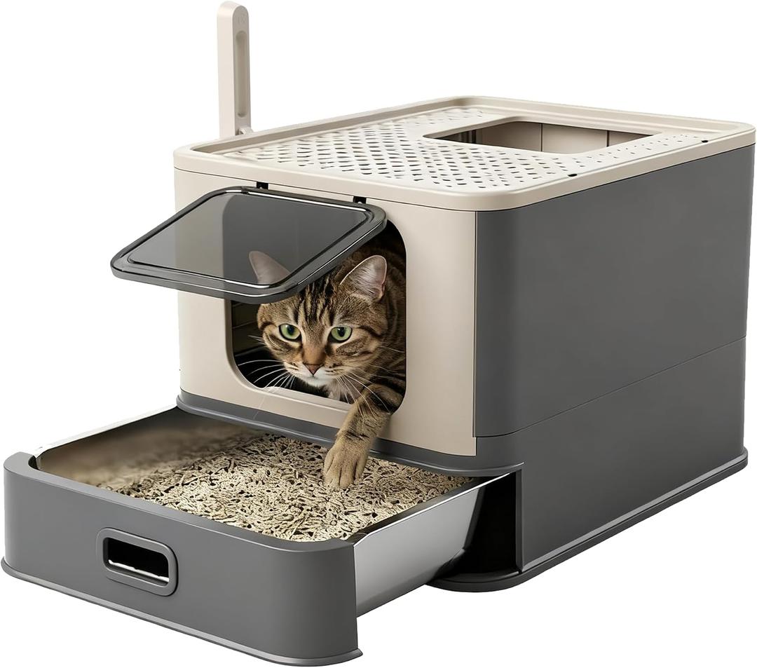 PAKEWAY Enclosed Stainless Steel Cat Litter Box with Pull-Out Drawer, Top Entry Leak-Proof Covered Design, Large Metal Litter Box with Scoop and Litter Mat for Indoor Cats