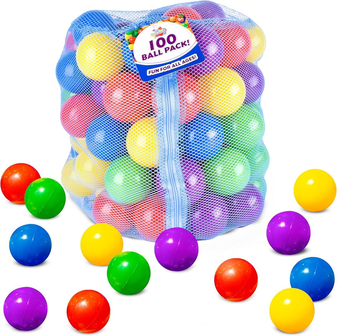 Sunny Days Entertainment 100 Count Multi Colored Play Balls  Phthalate and BPA Free Non-Toxic Crush Proof Plastic Ball Pack - Balls for Toddler Ball Pit in Reusable Storage Bag with Zipper