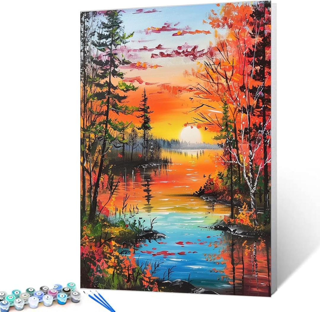 Tropical Forest Oil Painting Lanscape Paint by Number Kits 16 x 20 inch Canvas River at Sunset DIY Oil Paintwork for Adults Beginner with Brushes and Acrylic Animal Art Home Office Decor(Frameless)