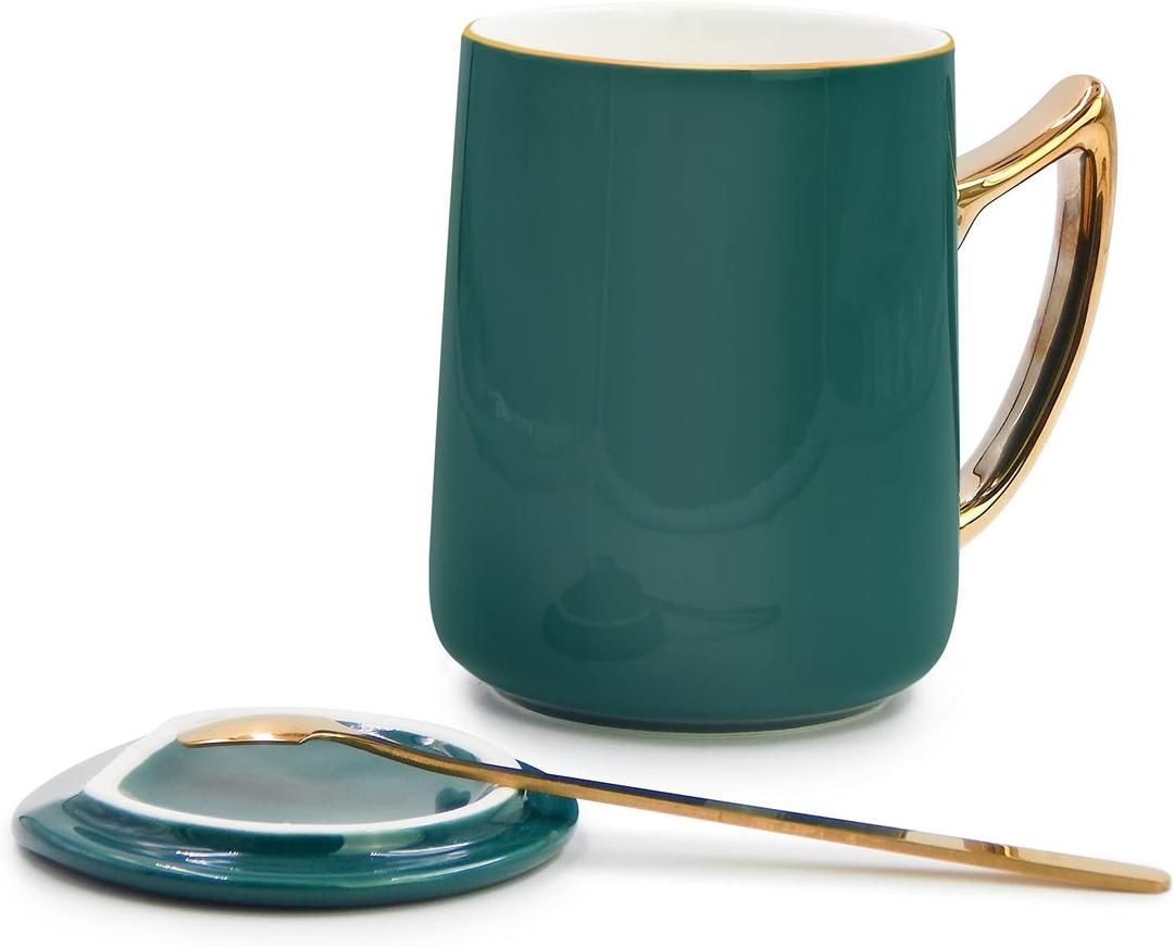 TOSSOW Matte Ceramic Coffee Mug with Spoon and Lid,Top Gold Trim and Gold Handle CupDishwasher Safe,15 0Z(450ml),(Blackish Green)