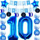 10th Birthday Party Decorations for Boys Girls Comprise Balloons with Swirl Decorations, Happy Birthday Banner,32 Inch 10 Numbers and Star Foil Balloons in Blue