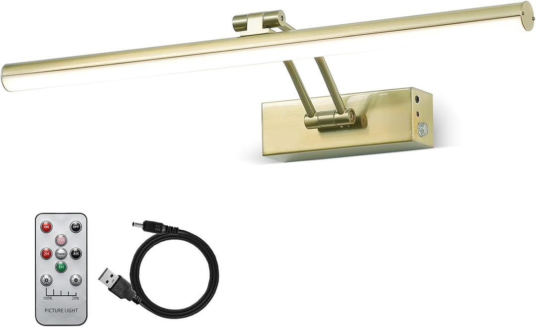 FUNCHDAY Wireless Picture Lights,Rechargeable Battery Picture Light for Paintings with Remote, Dimmable Dartboard Light with Timer,16 Full Metal Art Light for Wall Frame Portrait Anque Brass (Antique Brass- Swing Arm)