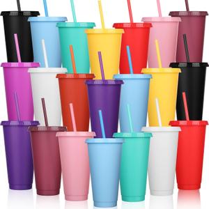 Honeydak 30 Pack Tumbler with Straw and Lid Bulk Water Bottle Iced Coffee Travel Mug Cup Reusable Plastic Cups for Party Birthdays 24-27 oz (Solid Color)