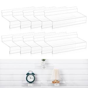 10 Pcs Acrylic Slatwall Shelves Hanging Slatwall Accessories 4 x 10 Inch Clear Shelf Hanging for Wall Living Room Bedroom Office Shoe Store Home Use Retail Display