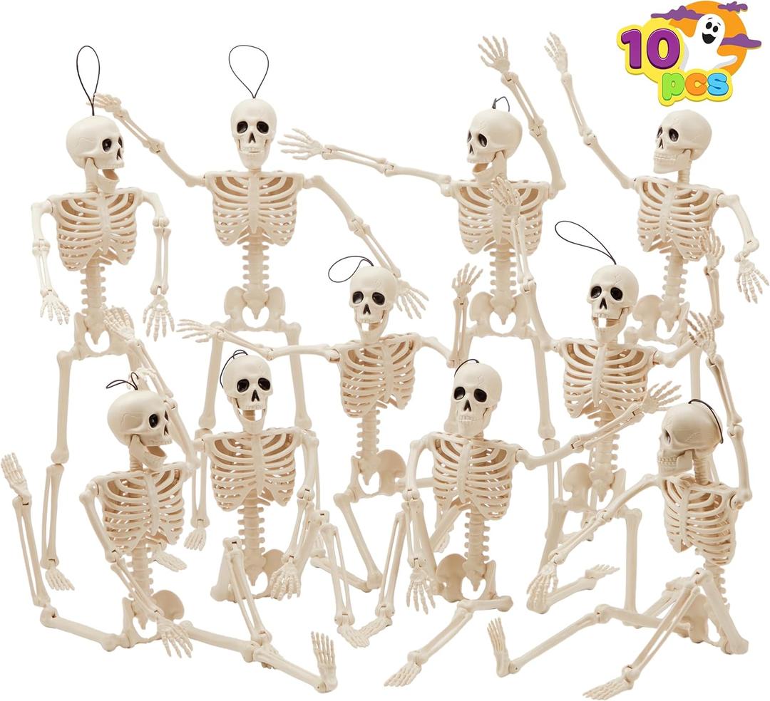 JOYIN 10 PCS 16" Halloween Skeleton Decor, Full Body Stayable Movable Joints, Posable Hanging Skeletons for Halloween Decoration, Yard, Graveyard, Haunted House Props, Spooky Scene Party Favor