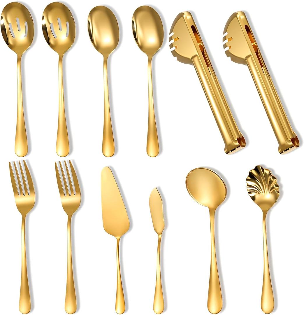 12PCS Gold Serving Spoons Utensils, Stainless Steel Flatware Cutlery with Serving Slotted Spoon Forks Soup Ladle Tongs Pie Server Butter Knife for Home Restaurant Buffet Catering Banquet Party
