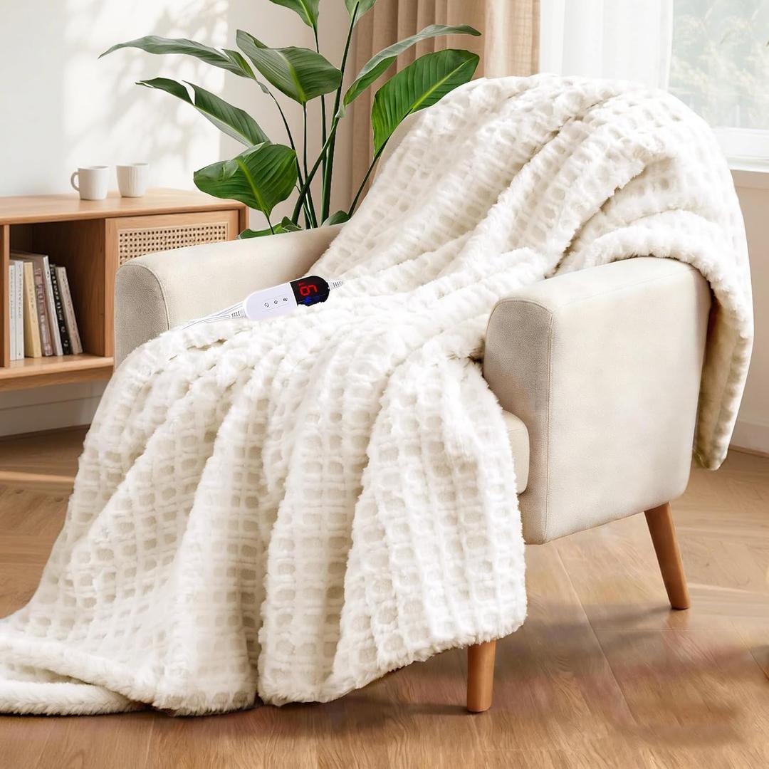 Waffle Heated Throw Blanket 50"x60"  Electric Blanket with 6 Heat Levels & 4 Timer Settings, Ultra-Soft Faux Fur & Sherpa, ETL Certified, Machine Washable, Ideal Gift for Women (Ivory/Cream)