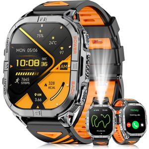 Military Smart Watch for Men Built-in GPS with LED Flashlight Compass, 2.13" AMOLED Tactical Smart Watches with Answer/Make Calls, 3ATM Waterproof Fitness Tracker for iPhone Android (Black)