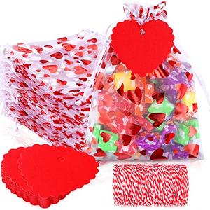 Shappy 100 Pcs Valentine's Day Heart Gift Bags and 100 Pcs Kraft Paper Tags Red Valentine Treat Candy Bag Drawstring Pouches Heart Shaped Paper Tag Name Labels with String for Present(8 x 12 Inch)