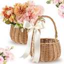 Weysat 2 Pcs Small Flower Girl Basket with Handle, Pearl and Bow, Wicker Rattan Flower Basket Set, Rustic, Cute, Hand Woven for Wedding Girl Home Decorations Picnic Garden Candy Sweets Gifts Storage