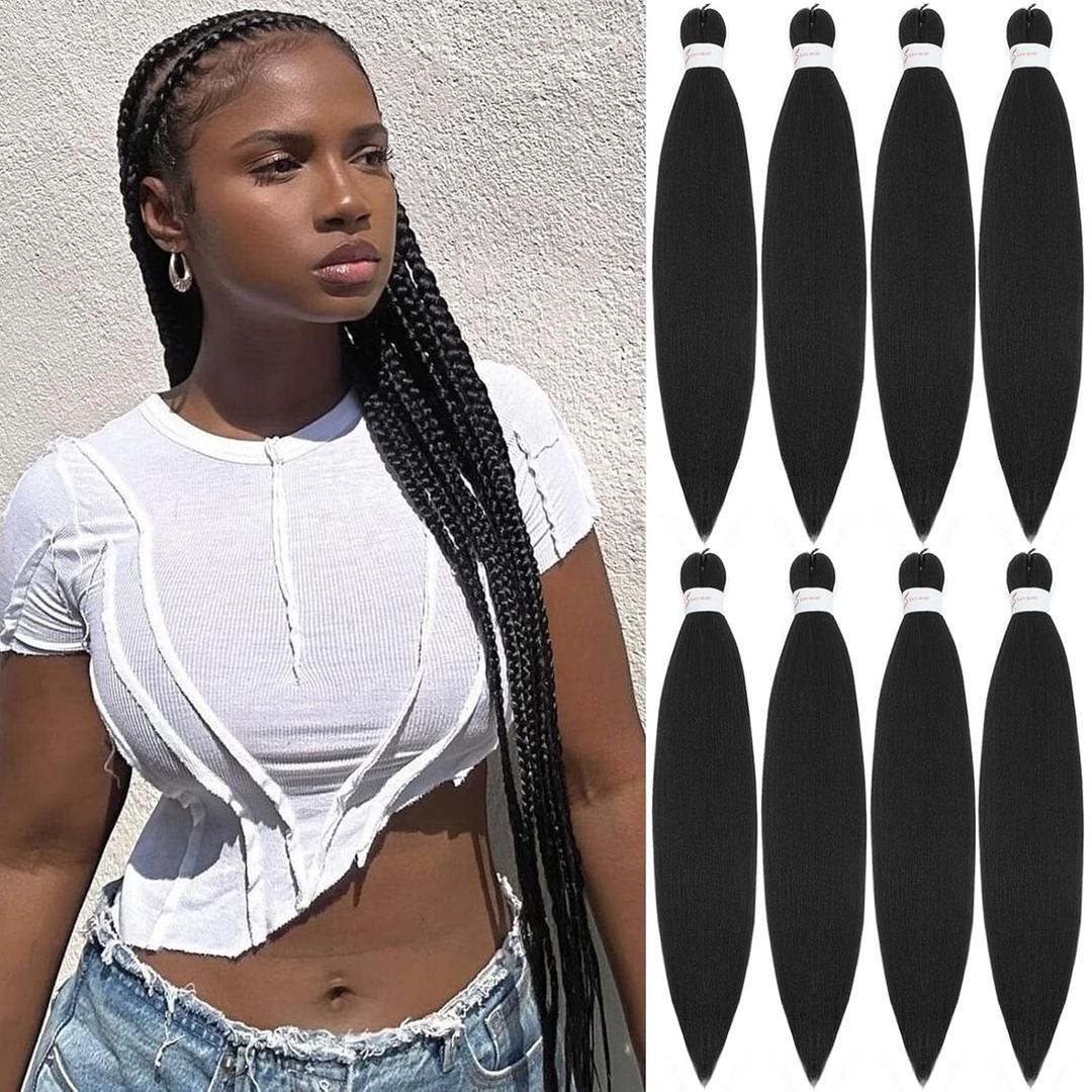 Braiding Hair 24 Inch 8 Pack Pre Stretched Braiding Hair Natural Black Professional Synthetic Prestretched Crochet Braids Hair Extension Itch Free Hot Water Setting Yaki Texture (24Inch,1B)