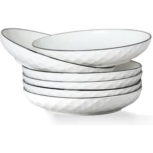 Ceramics Pasta Bowls, 6 Pack 8 inches 20 Oz Large Salad Serving Bowls, Shallow Salad Bowls,ceramics Deep Plates,Microwave Dishwasher Safe,White (rhombus)
