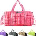 Quilted Travel Duffle Bag Gym Bag for Women, Large Puffer Duffle Weekender Bag with Compartment, Workout Overnight Carry on Organizer Bag Duffle Bag for Airplane Travel(L-Pink)
