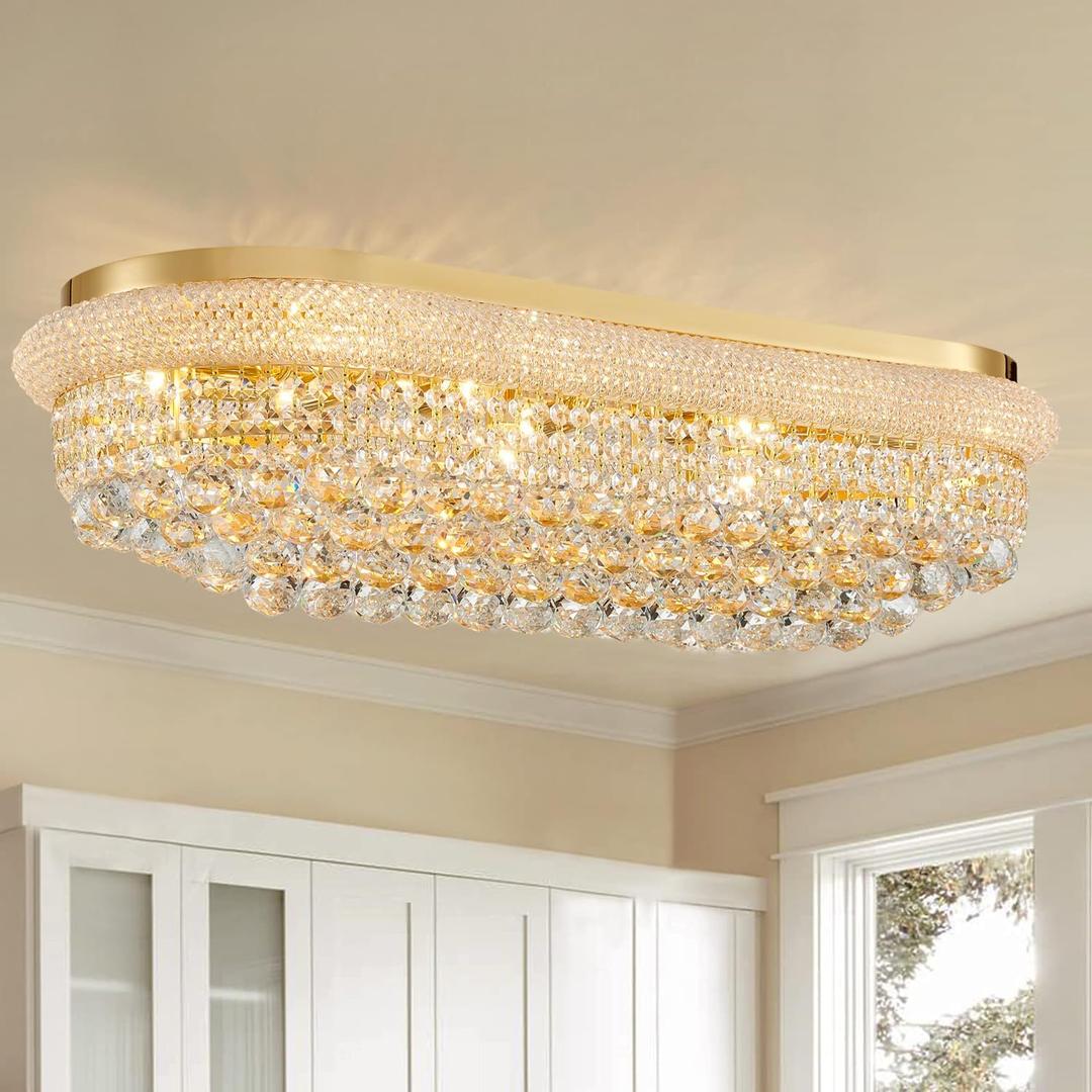 Oval Gold Ceiling Crystal Chandeliers - Length 36 inches Fulsh Mounted Chandelier Light Fixtures for Living Dining Room, Bedroom