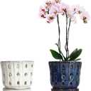 Orchid Pots with Holes Attached Saucers 5 Inches - 2 Pcs Small Ceramic Pots for Repotting, Decorative Ceramic Orchid Planter with Hole for Healthy Root Growth (White and Blue)