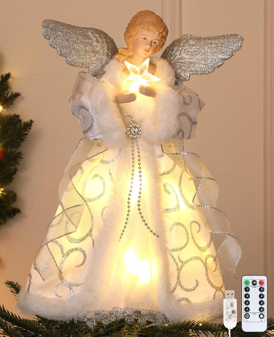 HMASYO Christmas Tree Topper Angel with Timer Lights, 12" Angel Tree Toppers with Silver Wings, Star Light, Remote Control and USB Power Xmas Treetop Decoration for Indoor Office Holiday Party
