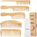 5 Pcs Natural Handmade Bamboo Anti-Static Combs Set - Wide Tooth, Rat Tail and Fine Tooth for Long, Short, Thick, Thin, Wavy or Curly Hair Detangling (Natural)