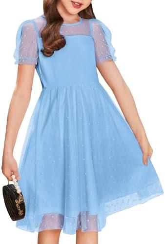 Arshiner Girls Dress Contrast Mesh Puffy Short Sleeve A Line Casual Party Dress, Size 8