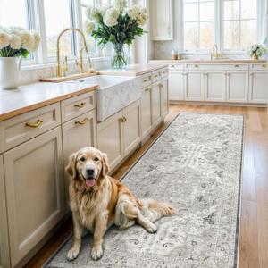 Madane Washable Runner Rug 2x7, Hallway Laundry Room Kitchen, Non Slip Rug Runners with Rubber Backing, Non Skid Stain-Resistant Non Shedding Durable Vintage Runners (2'x7', Ivory/Brown)