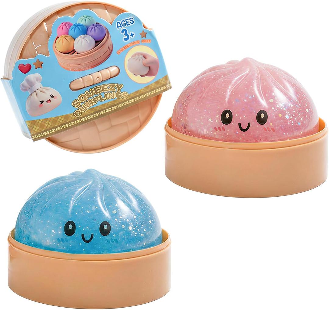 2 Pack Colorful Dumpling Squishies with Box,Glitter Mystery Squishys Dumplings Stress Relief Balls Fidget Sensory Toy,Bao Bun with Food Steamer Stretchy Desk Squeeze Toys
