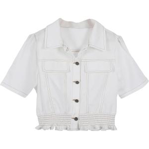 Omoone Women's Short Sleeve Denim Shirt Peplum Ruffle Hem Denim Crop Top Jackets Cowgirl Outfits (White, M)