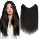 MY-LADY Halo Hair Extensions Real Human Hair for Women Natural Black Clip in Remy Hairpiece with Adjustable Invisible Wire 16 Inch 65G