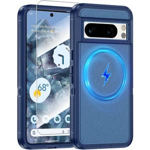 Magnetic Case for Google Pixel 8 Pro [Dual Layer Military-Grade Protection] [Screen Protector] [Compatible with MagSafe Wireless Charging] Heavy Duty Rugged Shockproof Protection Cover, Blue