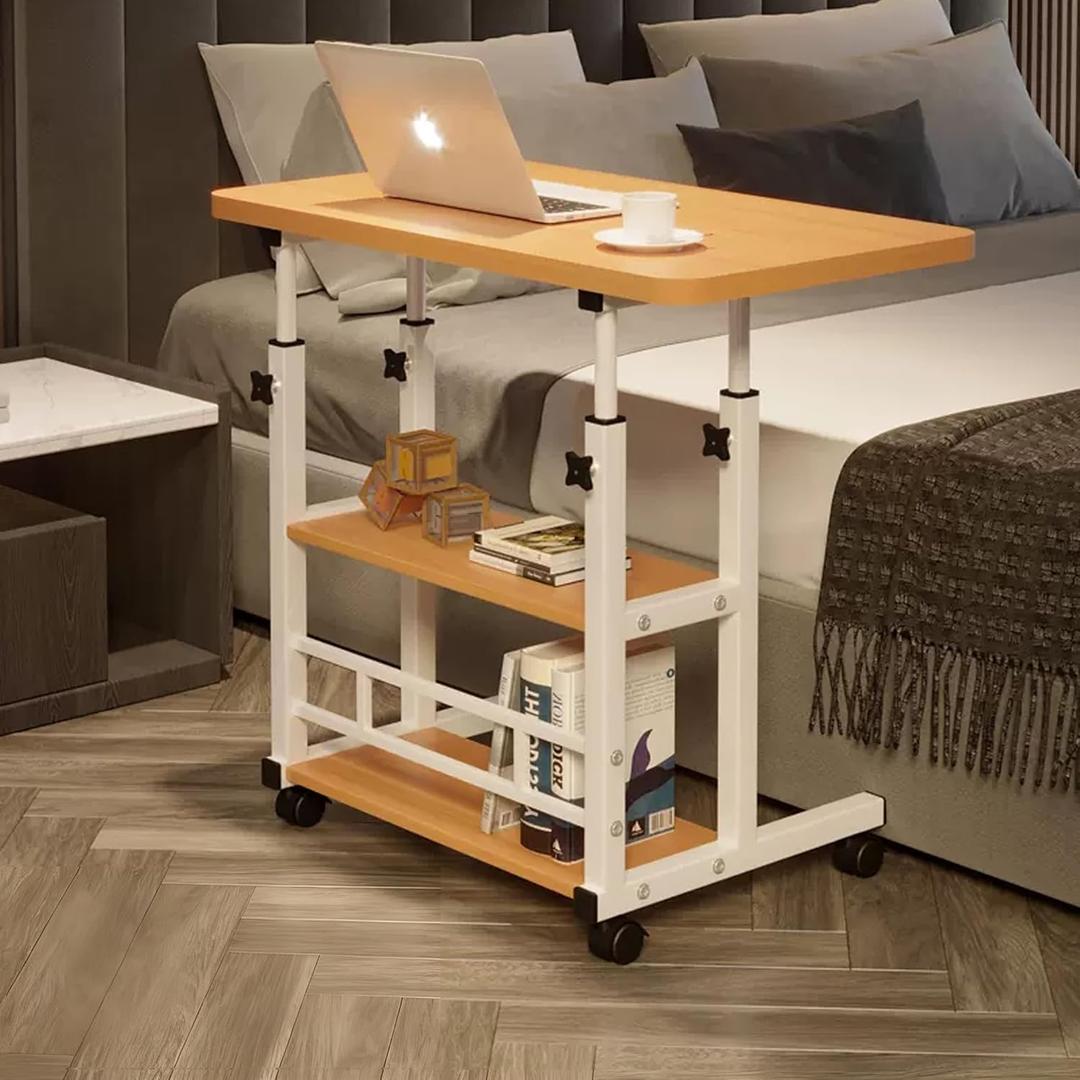 VebaCidi Medical Overbed Bedside Table with Two Shelves and Wheels (Hospital and Home Use), 31 1/2" Desk with Non Tilt Wooden Top, Adjustable Height (Walnut)