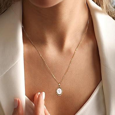 Krfy Initial Necklaces for Women - Dainty Gold Charm Necklaces 14K Gold Plated Oval Letter White Enamel Personalized Name Necklaces for Women Trendy Gold Necklace Jewelry - S