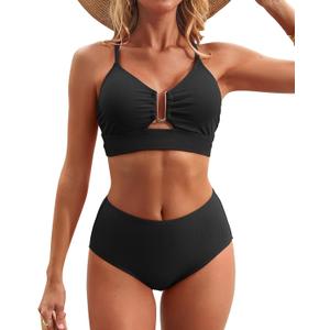 Charmo Push up Ribbed High Rise Bikini Sets Women Large Bust Longline Modest Bikini Swimsuits 2 Piece Black L