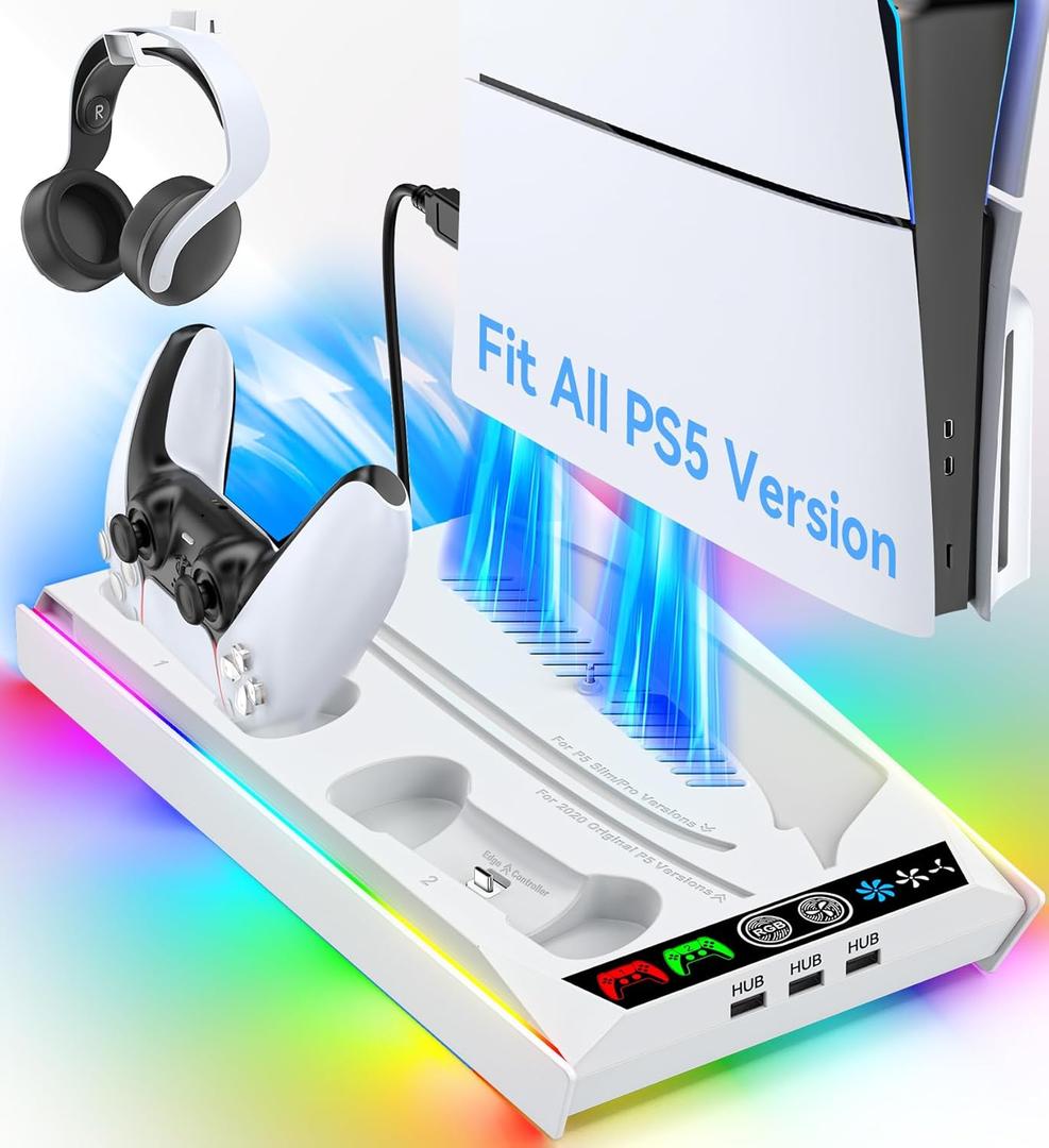 Rysker PS5/Slim/Pro Cooling Station with Quiet Cooling Fan and Fast Controller Charger for Disc & Digital Console, PS5 Accessories Incl. 3 USB Ports, Screw and Headset (Deep White)