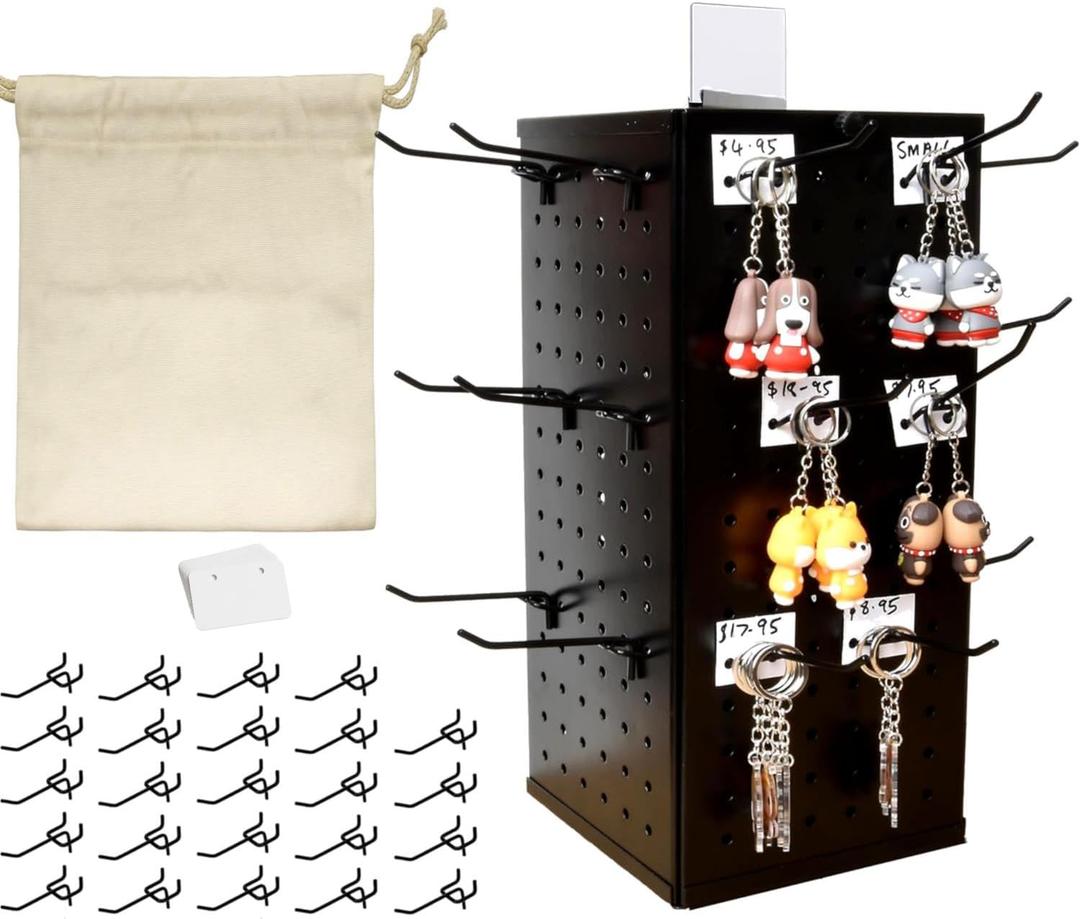 Rotating Pegboard Display Stand with 24 Hooks, Removable Top, Signboard, Canvas Carry Bag & Pricing Cards  Portable 4-Sided Metal Spinner for Jewelry & Craft Shows  All-in-One Vendor Display Kit