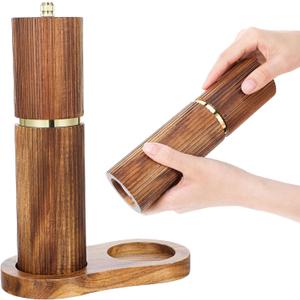 Wooden Salt and Pepper Grinder Set, Refillable Wooden Manual Salt and Pepper Mill Set with Adjustable Coarse Settings Rust Resistant Salt and Pepper Shakers Matching Wood Stand, Ideal for Gifting