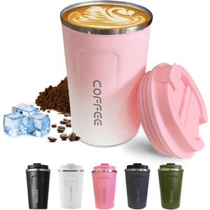 Travel Coffee Mug Leak-Proof, Reusable Coffee Cups with Lids, Stainless Steel Vacuum Insulated Coffee Tumblers, Thermal Insulation Cup for Men and Women Hot & Cold Drinks(2nd-Pink White, 17OZ)