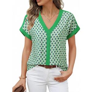 Furnex Womens Summer Tops V Neck Short Sleeve Blouses Dressy Casual Floral Boho Vacation Clothes, L