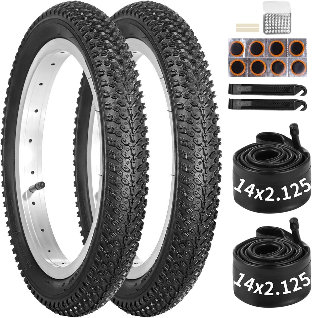 yeesport 14/16 Inch Bike Tire, 2 Pack 14/16x2.125 Bicycle Tires & Bike Tubes with Repair Kit, Electric Bike Tires 14/16 Inch Kids Bike Tires, MTB Tires