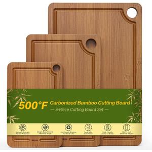 Bamboo Cutting Board for Kitchen, 3-Piece Set with Juice Grooves, Side Handles & Non-Slip Mats Durable Bamboo Chopping Board for Meat, Vegetables and Fruits