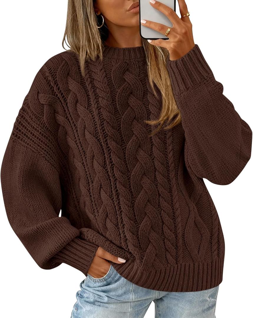 BTFBM Women's Oversized Sweaters 2025 Batwing Long Sleeve Cable Knit Crewneck Pullover Tops Fall Outfits Winter Clothing (X-Large, Brown)
