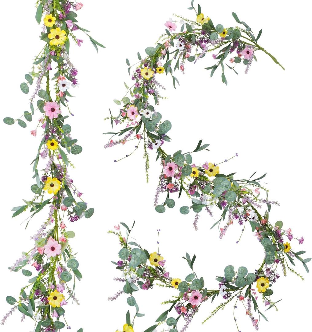 6.5Ft Daisy Garland Spring Flowers Garland Wildflower Garland Mantle Garland with Daisy Lavender Faux Floral Vine Garland for Mantle Baby Shower Wedding Arch Front Door Porch Staircase Decor (1 Pcs)
