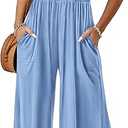 PRETTYGARDEN Women's Summer Jumpsuits, Dressy Casual One Piece Outfits Linen, Smocked, Spaghetti Strap, Pockets, Wide Leg Rompers, S